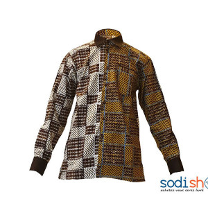 Chemise Pour Homme - Manche Longue Marron-Blanc MJ0021