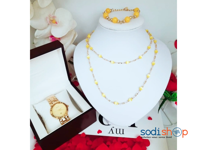 Ensemble Collier et Montre Pour Femme Couleur Jaune MJ0022