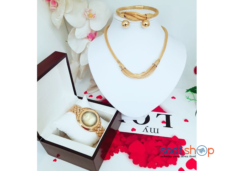 Ensemble de Collier, Montre et Bracelet Plaqué Or MJ0022