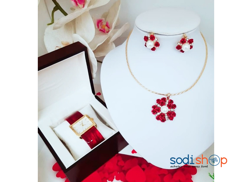 Ensemble de Collier, Montre et Motif à Fleure Rouge MJ0022