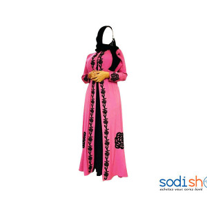Robe Abaya Couleur Rose et Noir Manche Longue AJ00128
