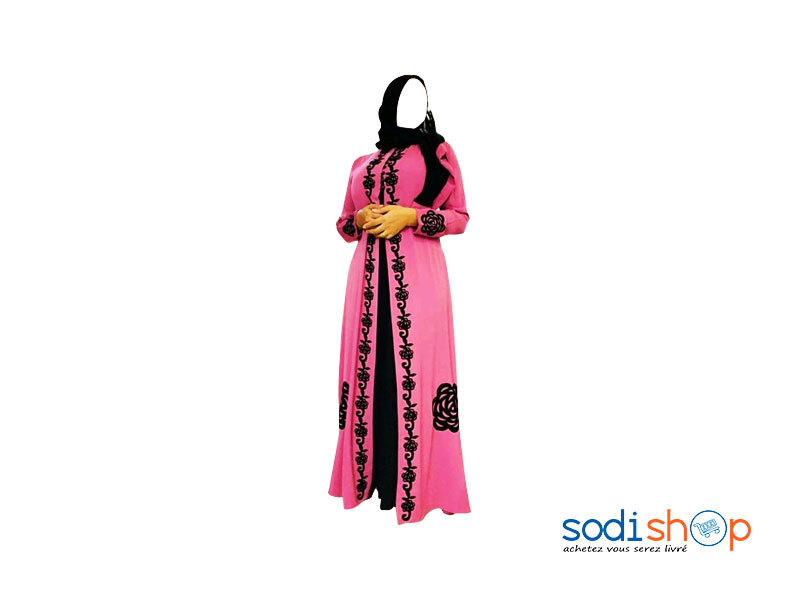 Robe Abaya Couleur Rose et Noir Manche Longue AJ00128