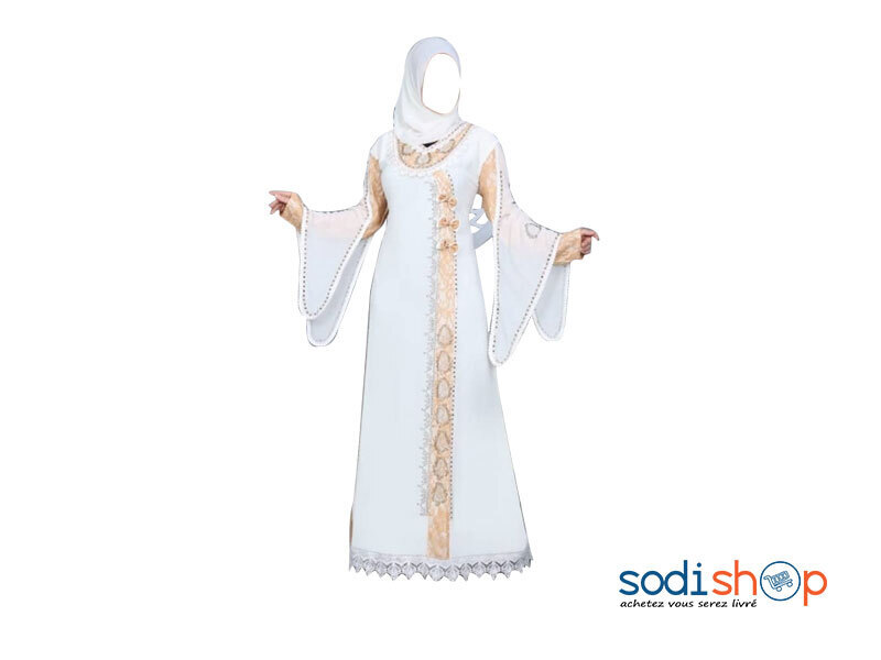 Robe Kaftan Couleur Blanche et Doré Tissu Brodé AJ00128
