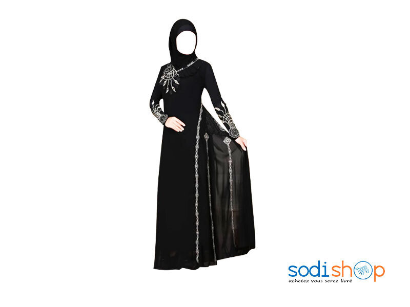 Robe Kaftan Couleur Noir Tissu Brodé en Doré AJ00128