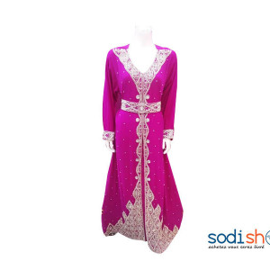 Robe Kaftan Couleur Rose Viollet Brodé et Perlé AJ00128