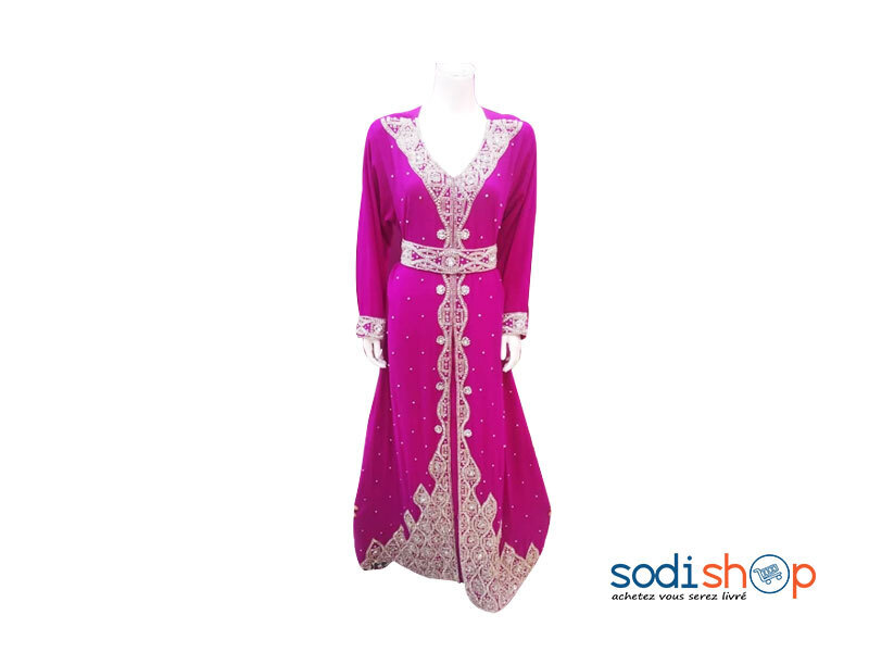 Robe Kaftan Couleur Rose Viollet Brodé et Perlé AJ00128