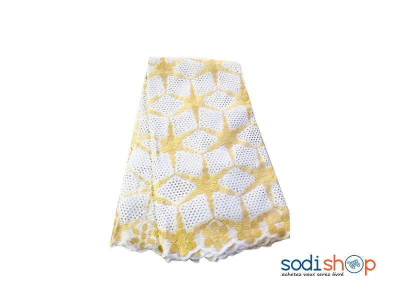 Tissu Brodé 100% en Coton Blanc et Doré 5 Yards OM00121