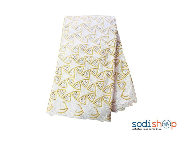 Tissu Brodé 100% en Coton - Blanc et Doré 5 Yard OM00121