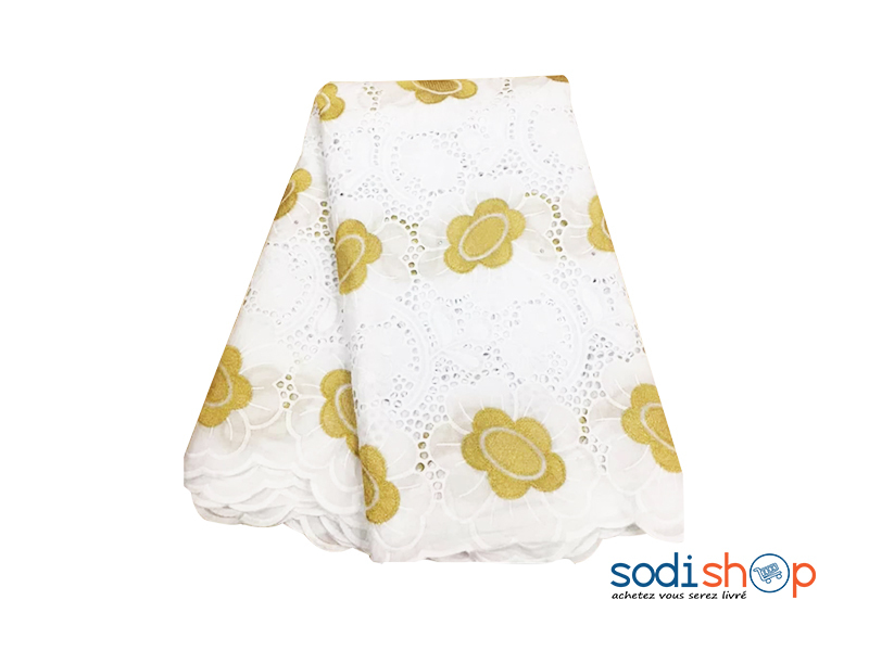 Tissu Brodé 100% en Coton 5 Yards Blanc et Doré OM00121