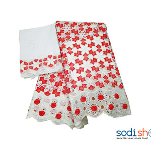 Tissu Brodé 100% en Coton Rouge et Blanc 5 Yards OM00121