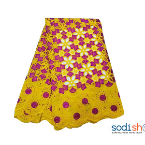Tissu Brodé 100% en Coton-Jaune et Violet 5 Yards OM00121