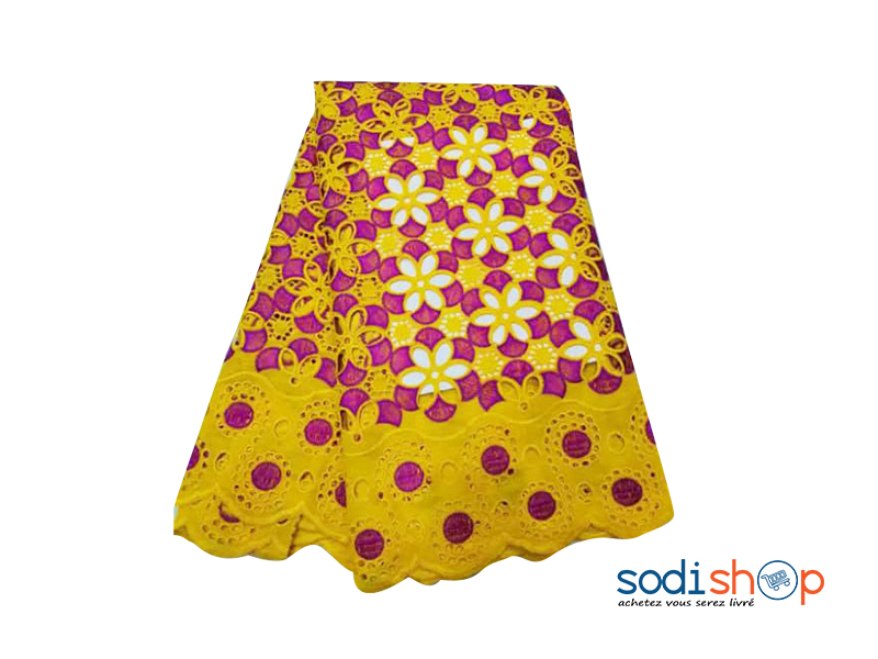 Tissu Brodé 100% en Coton-Jaune et Violet 5 Yards OM00121
