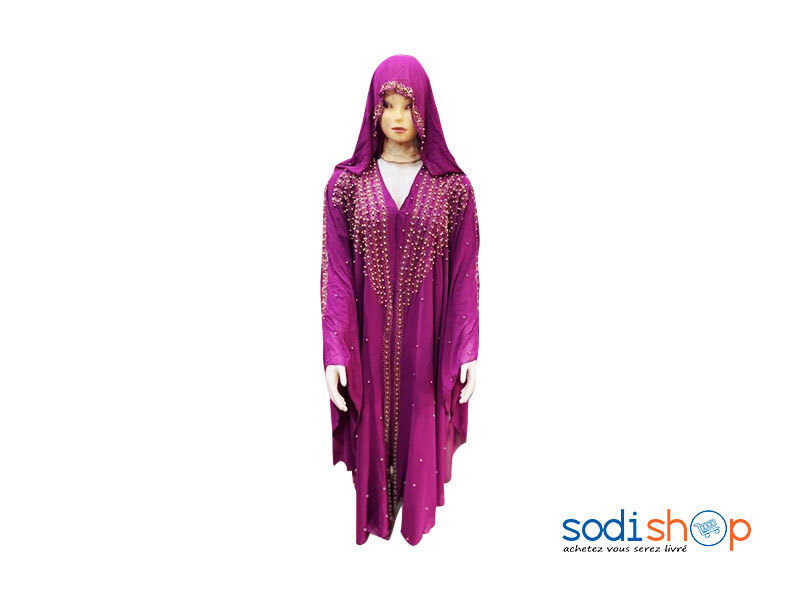 Robe Tombante Avec Foulard - Manche Couverte - Avec Perles Couleur Rose Foncé AJ00128