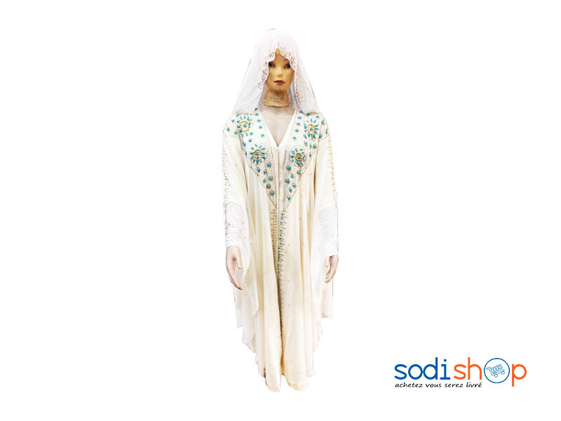 Tunique Pour Femme - Robe à Motif Arabique + Voile Couleur Blanc et Bleu AJ00128
