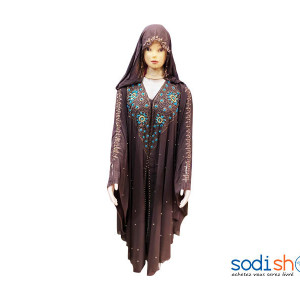 Tunique Pour Femme - Robe à Motif Arabique + Voile Couleur Marron et Bleu AJ00128