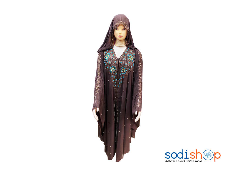 Tunique Pour Femme - Robe à Motif Arabique + Voile Couleur Marron et Bleu AJ00128