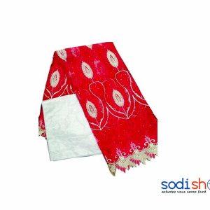 Brodé en Coton + Bazin Getzner Tissu Elégant - Couleur Rouge et Beige 3+1 Mètres DD00132