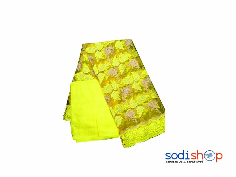 Brodé en Coton + Bazin Getzner Tissu Elégant - Couleur Jaune 3 et 1 Mètres DD00132