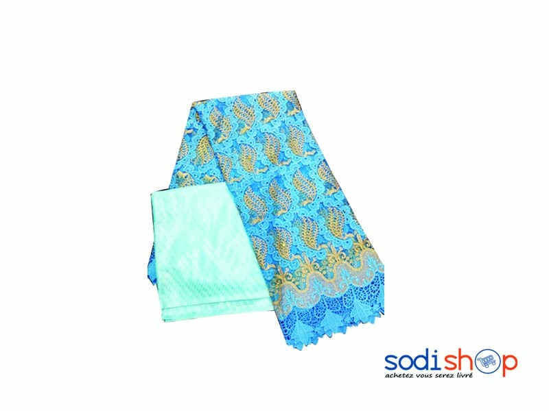 Brodé en Coton + Bazin Getzner Tissu Élégant - Couleur Bleu 3 et 1 Mètres DD00132