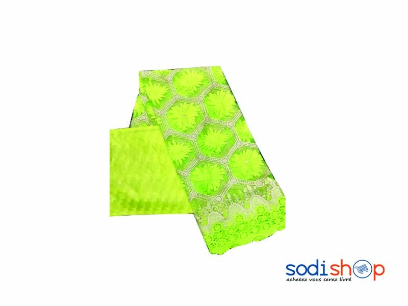 Brodé Dipure + Bazin Getzner Tissu en Coton - Couleur Vert 3 et 1 Mètres DD00132