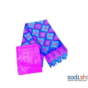 Dentelle + Bazin Couleur Bleu Rose 3 et 1 Mètre DD00132