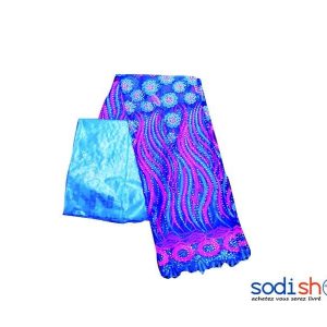Dentelle + Bazin Couleur Bleu Rose 3 et 1 Mètre DD00132
