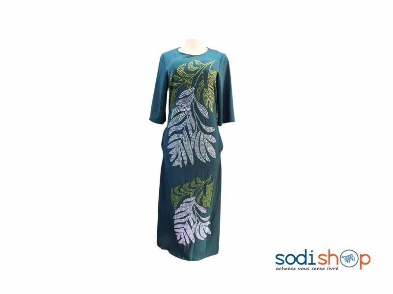 Robe Longue Brodé en Perle Couleur Verte MKS00133
