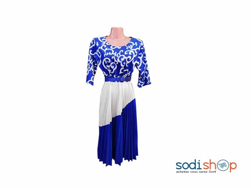 Robe Longue Manche 3/4 Couleur Bleu et Blanc MKS00133