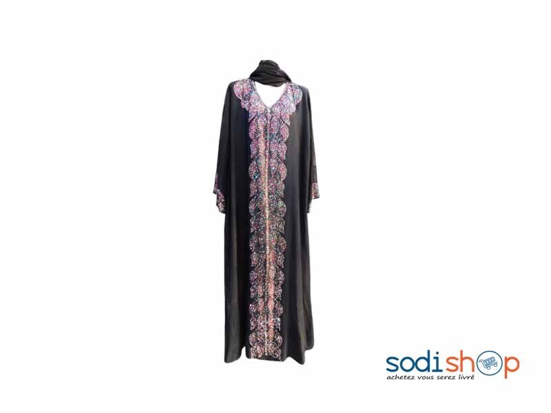 Robe Longue Style Marocain Brodé en Perle Noir MKS00133