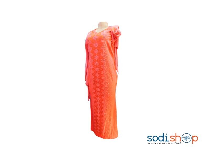Robe Longue Style Marocain Brodé en Perle Orange MKS00133 – Image 2