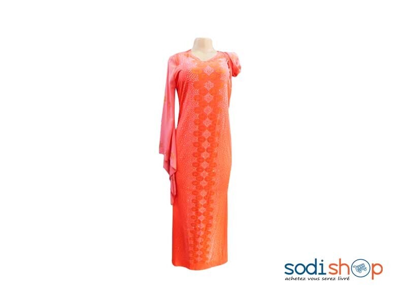 Robe Longue Style Marocain Brodé en Perle Orange MKS00133