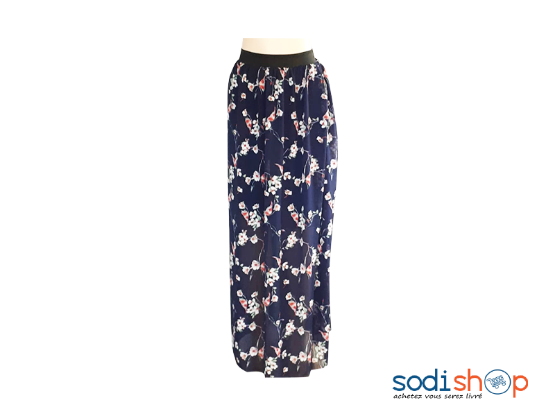 Jupe Longue à Imprimé Fleuri Taille Ceinturé Couleur Bleu-AD00135