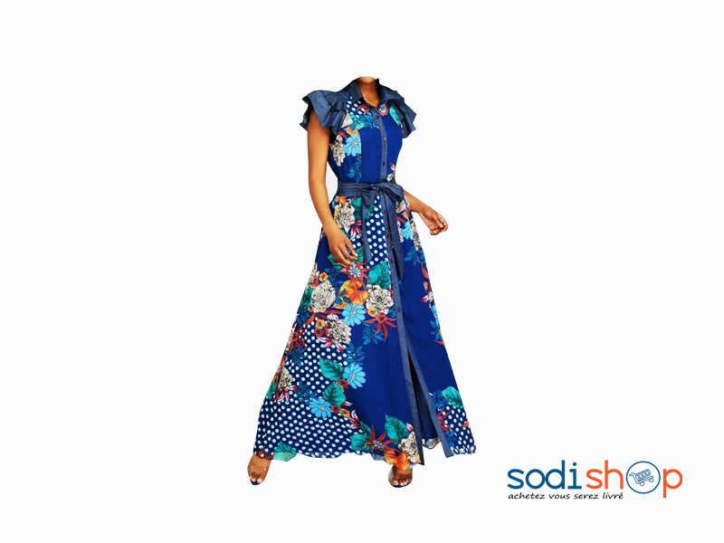Robe Chemisier à Motif Fleuri Couleur Bleu MKS00133