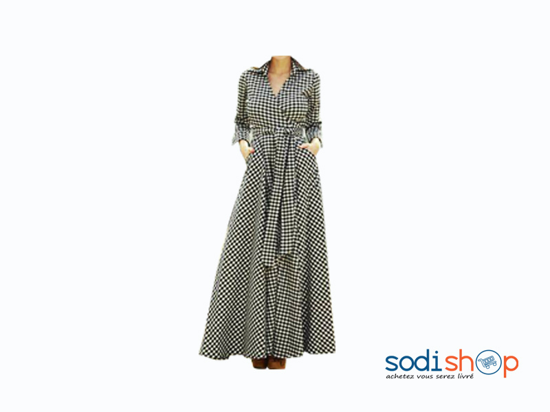 Robe Longue Chemisier Imprimé Noir et Blanc Buste Croisé MKS00133