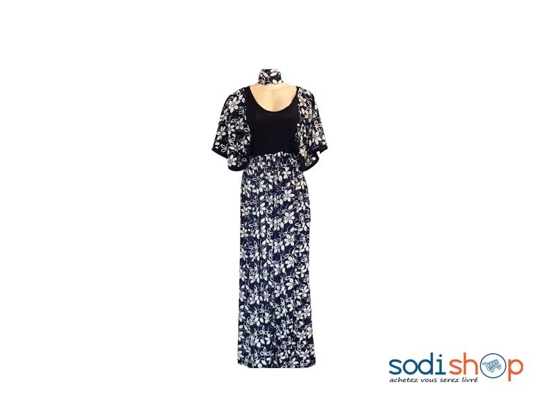 Robe Longue Imprimé Couleur Bleu avec Foulard - AD00135