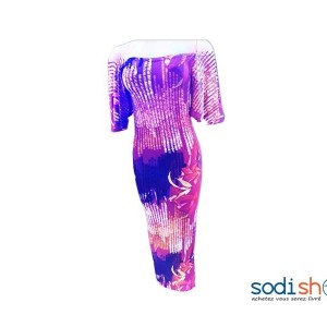 Robes Moulante à Epaule Dénudé Imprimé Coloré en Violet NY00136