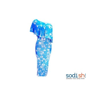 Robe Longue Col Incliné Motif Floral - Couleur Bleu Habit Pour Femme NY00136