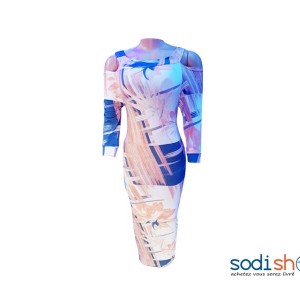 Robe Moulante Manches Longues - Couleur Beige et Bleu Habit Pour Femme NY00136
