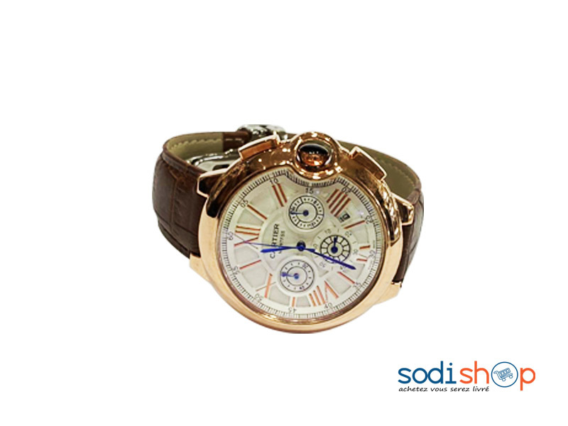 Montre Cartier - Indicateur de Date Bracelet en Cuir Couleur Marron et Blanc Pour Homme DI0026
