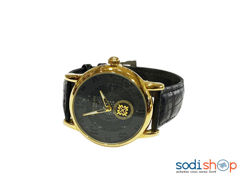 Patek Philippe Montre Pour Homme - Bracelet en Cuir Couleur Noir et Or DI0026