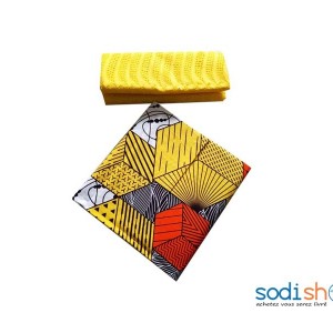 Habits Pour Femme - Tissu Brodé et Pagne Wax Couleur Jaune 6 Yards OM00121