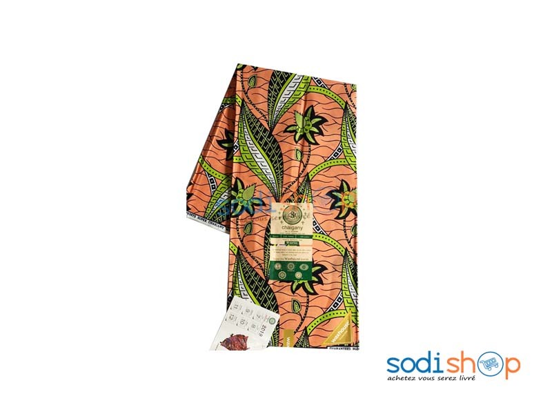 Wax Chaigany 100% Coton - Habit 3 Pagnes Couleur Orange et Vert 6 Yards OM00121