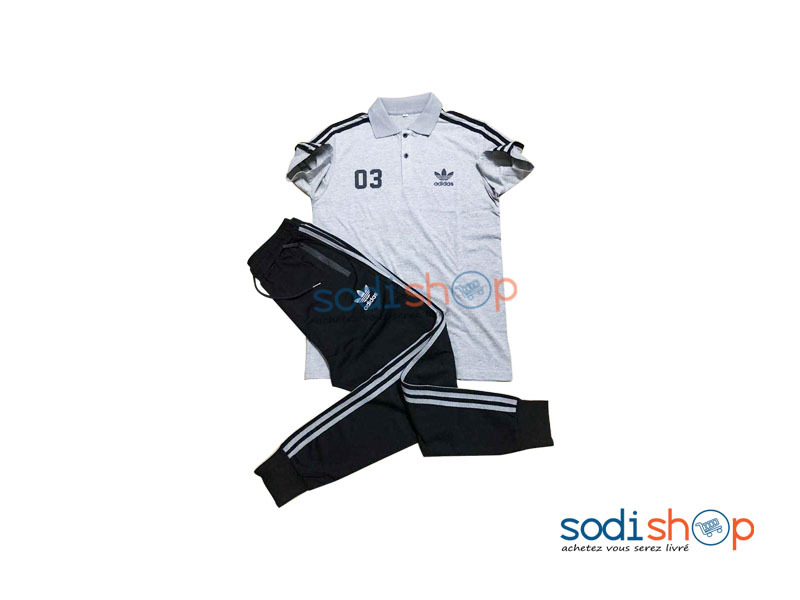 Adidas Pantalon Jogging + Polo - Vêtement en Coton Couleur Gris et Noir AY00145