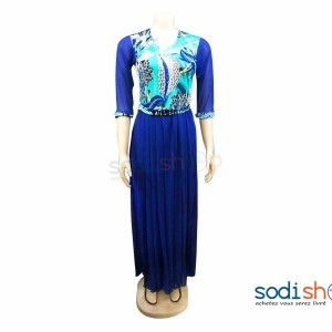 Robe En Tissu Elasthanne Manche ¾ Couleur Bleu MKS00133