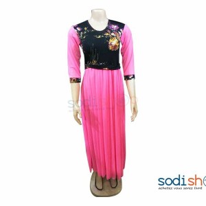 Robe En Tissu Elasthanne Manche ¾ Couleur Rose MKS00133