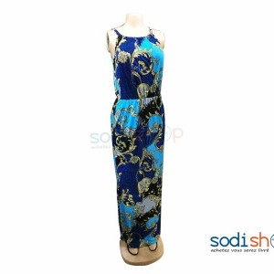 Robe En Tissu Moulante Fine Brettelle Multicolore Bleu MKS00133