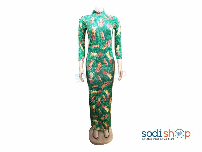 Robe Moulante Col Roulé Manche Longue Motif Ananas MKS00133