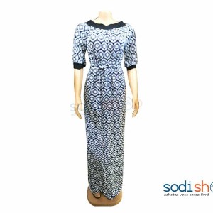 Robe en Tissu Imprimé Couleur Bleu Manche Trois Quart MKS00133