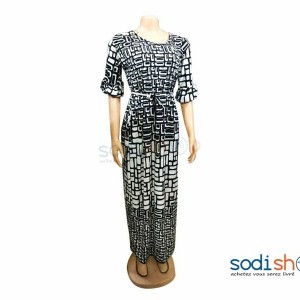 Robe en Tissu Imprimé Noir et Blanc Manche Trois Quart MKS00133