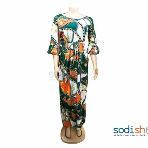 Robe en Tissu Imprimé Multicolore Manche Trois Quart MKS00133
